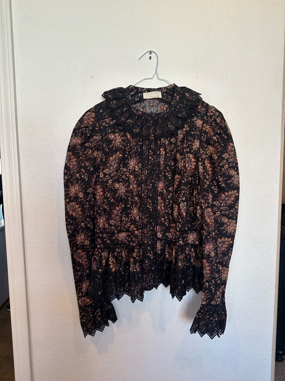 Ulla Johnson Black Paisley Lace-Trim Ruffled Cotton Blouse - Picture 2 of 10